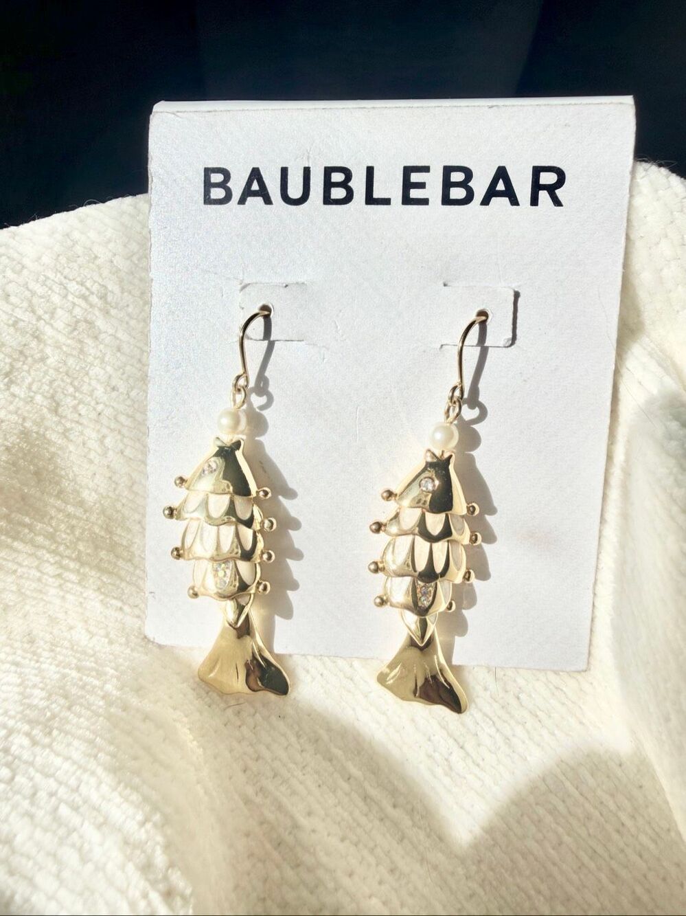 BaubleBar Rare Gold Fish Pearl Drop Earrings Rhinestone Statement
